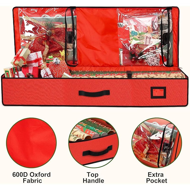 HikooLSS Wrapping Paper Organizer Storage Container 600D Heavy Duty Tear Proof for Holiday  Gift Wrapping Storage with Flexible Partitions Storage Container for Ribbon, Accessories (Red) - Image 4