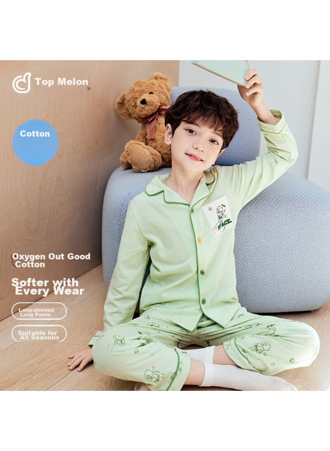 Top melon Dingguagua Top-notch Boys' Pajama Set, Pure Cotton Spring And Autumn Long-sleeve Children's Loungewear, Big Boys' Open-front Sleepwear, Blue, Size 130 - Image 1