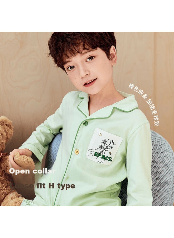 Top melon Dingguagua Top-notch Boys' Pajama Set, Pure Cotton Spring And Autumn Long-sleeve Children's Loungewear, Big Boys' Open-front Sleepwear, Blue, Size 130 - Image 3