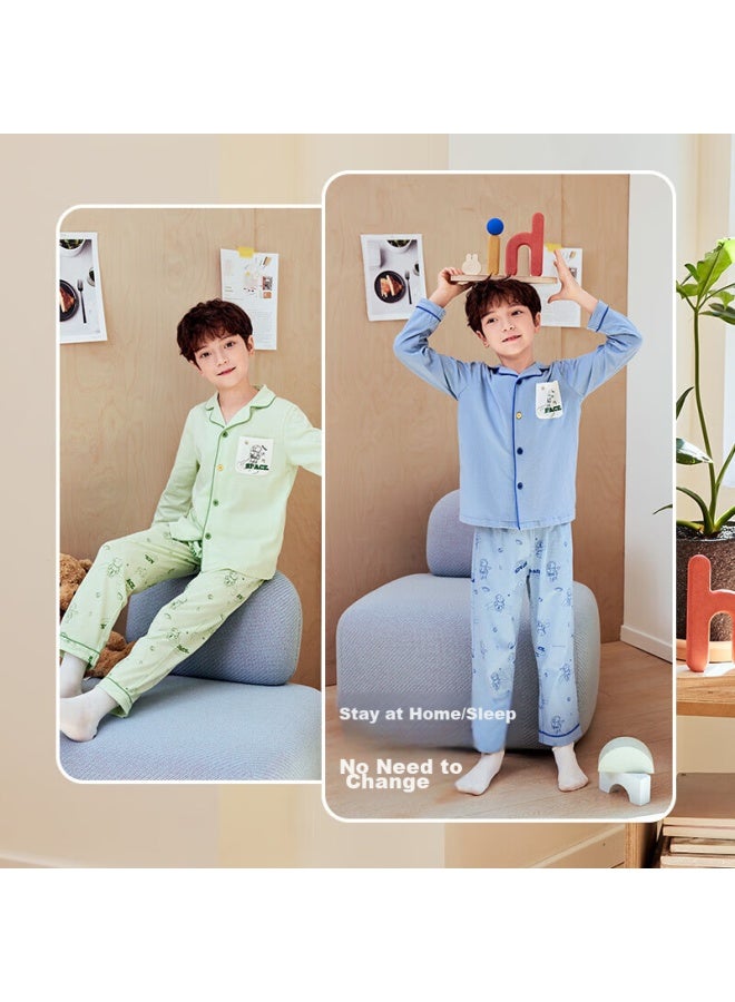 Top melon Dingguagua Top-notch Boys' Pajama Set, Pure Cotton Spring And Autumn Long-sleeve Children's Loungewear, Big Boys' Open-front Sleepwear, Blue, Size 130 - Image 2