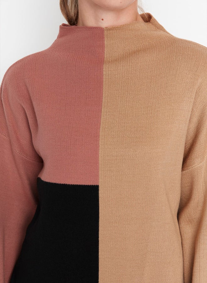 trendyol Light Brown Color Block High Neck Knitwear Sweater - Image 3