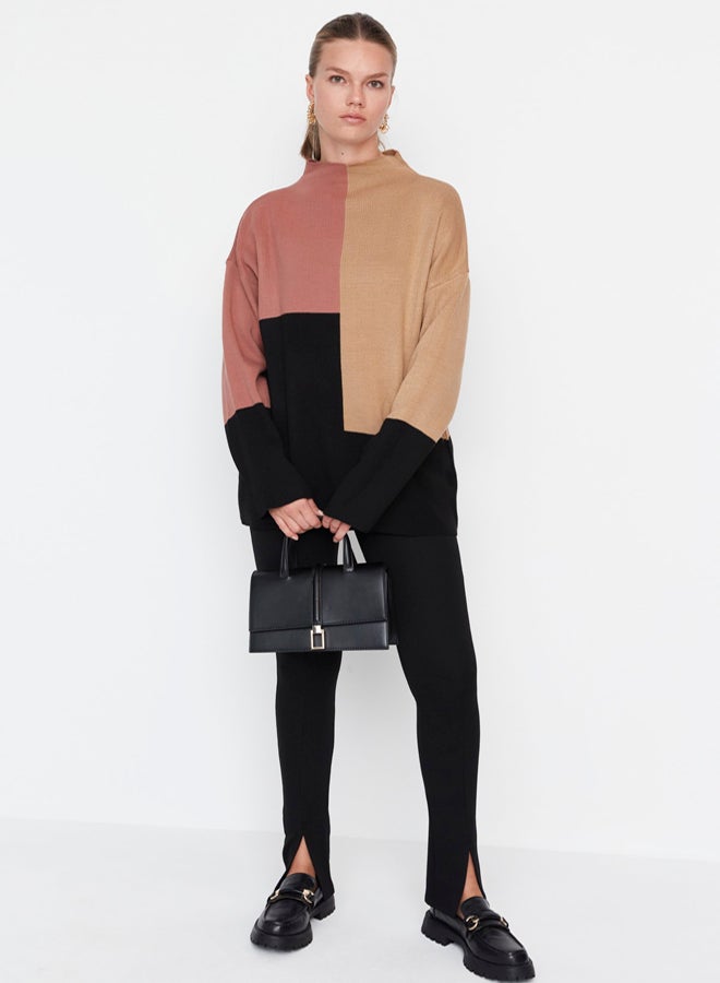 trendyol Light Brown Color Block High Neck Knitwear Sweater - Image 4