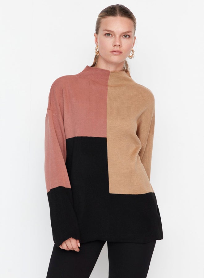 trendyol Light Brown Color Block High Neck Knitwear Sweater - Image 2