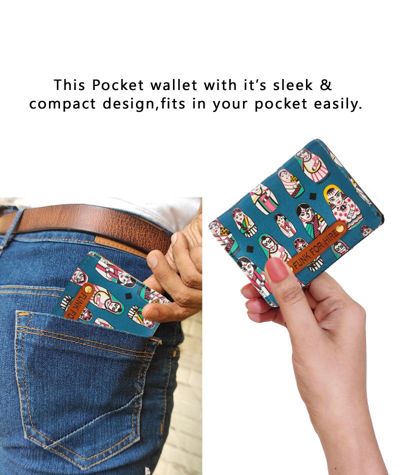 Funk For Hire Unisex Vegan Leather Small Card Wallet Teal Mini Bifold Wallet with 6 Card Slots Cash Compartment & Zipper Coin Pouch Compact Lightweight Durable Faux Leather - Image 5