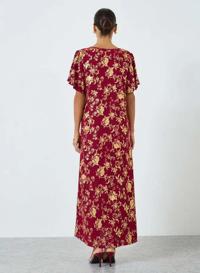 Take Two Burgundy Women Floral Printed Short Sleeve Jalabiya for Women | Best Price UAE