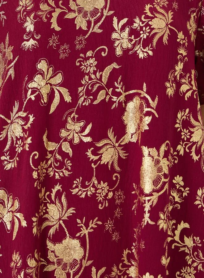 Take Two Burgundy Women Floral Printed Short Sleeve Jalabiya for Women | Best Price UAE
