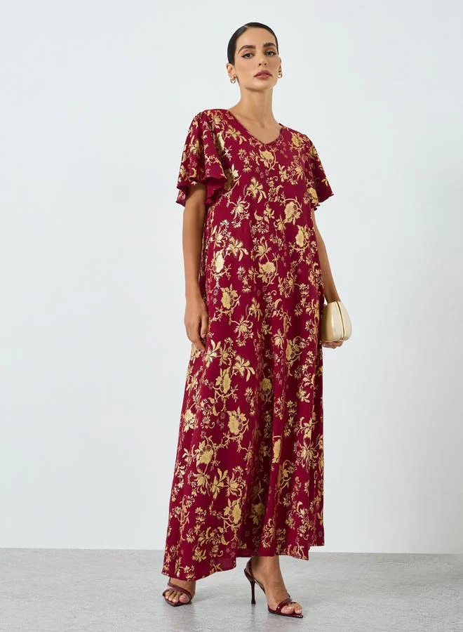 Take Two Burgundy Women Floral Printed Short Sleeve Jalabiya for Women | Best Price UAE