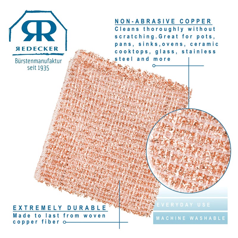 Redecker Real Copper Cleaning Cloths - Scratch-Free 2-Ply Woven Copper Scrub Pads for Pots, Pans, Sinks, Glass & Stainless Steel - Reusable, Machine Washable, Durable, Eco-Friendly - Set of 2 - Image 4
