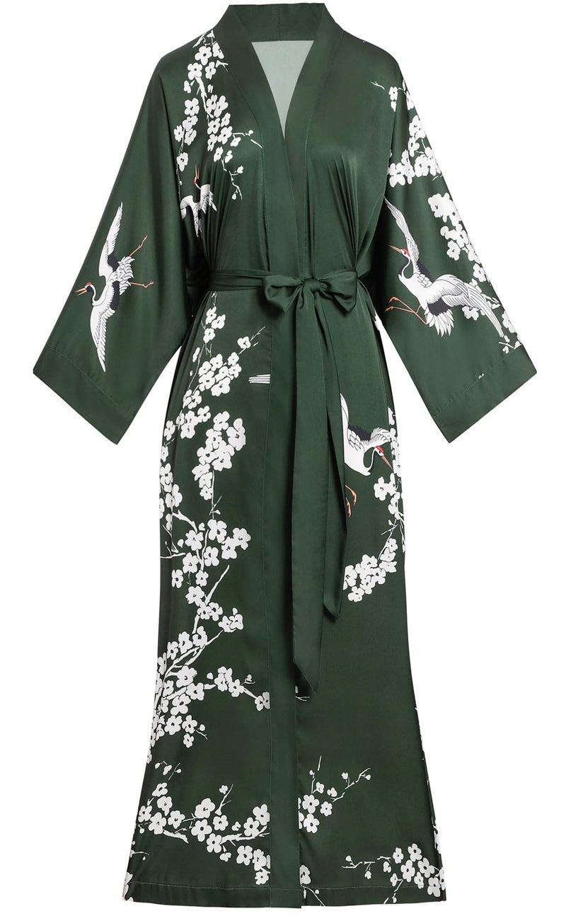Aensso long lightweight soft silky robes for women dark green floral bridal bridesmaid summer kimonos robe