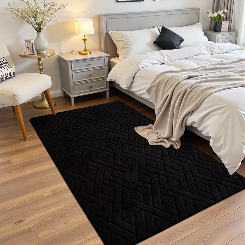 Flagover 4x6 Black Washable Area Rug for Bedroom, Modern Geometric Shag Non-Slip Living Room Rugs, Fluffy Plush Soft Memory Foam Carpet for Kids Boys Room Nursery Room Dorm Bedside Decor - Image 2