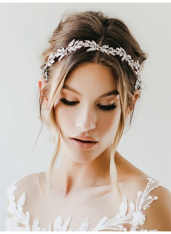 HY Silver Leaf Wedding Headpieces for Bride Silver Bridal Headband Flower Girl Headpiece Handmade Wedding Hair Accessories - Image 4