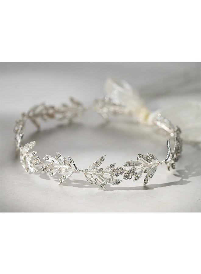 HY Silver Leaf Wedding Headpieces for Bride Silver Bridal Headband Flower Girl Headpiece Handmade Wedding Hair Accessories - Image 3