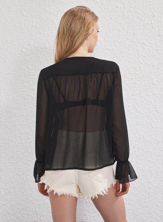 trendyol Black Ruffle Detailed Chiffon Elastic Detailed Shirt Shirt - Image 4