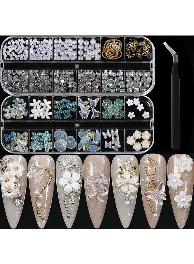 2 Boxes 3D Acrylic Butterfly Flower Bear Nail Art Pendant Kit, Multi-shape Pearl Rhinestone Golden Metal Applique with Tweezer, Jewelry Accessories for Manicure Craft Decoration - Image 1