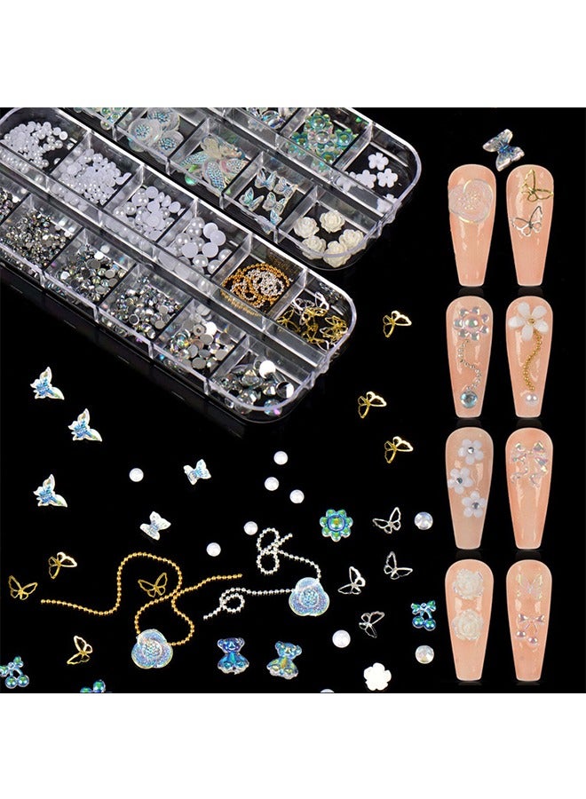2 Boxes 3D Acrylic Butterfly Flower Bear Nail Art Pendant Kit, Multi-shape Pearl Rhinestone Golden Metal Applique with Tweezer, Jewelry Accessories for Manicure Craft Decoration - Image 5
