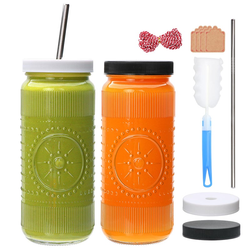 Encheng Glass Juice Bottles 16 oz,Reusable Juicing Bottles with Lids and Straws,Vintage Juice Containers Glass Smoothies Jars for Kombucha,Water, Iced Coffee,Party,Travel,2 Pack - Image 1