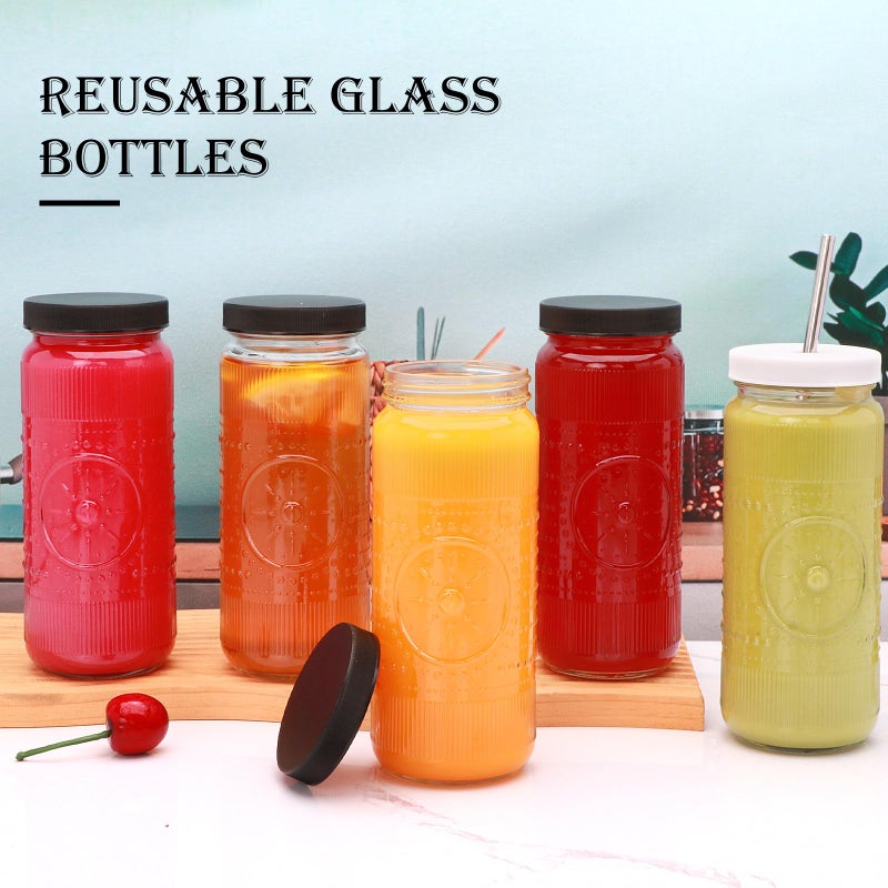 Encheng Glass Juice Bottles 16 oz,Reusable Juicing Bottles with Lids and Straws,Vintage Juice Containers Glass Smoothies Jars for Kombucha,Water, Iced Coffee,Party,Travel,2 Pack - Image 4