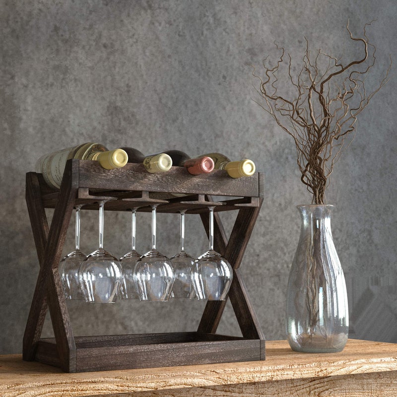 Rustic State Cava Countertop Solid Wood Wine Rack for 4 Bottles and 6 Stemware Glass Holder Cork Storage Tabletop Tray Freestanding Organizer - Home, Kitchen, Dining Room Bar DÃ©cor - Walnut - Image 2