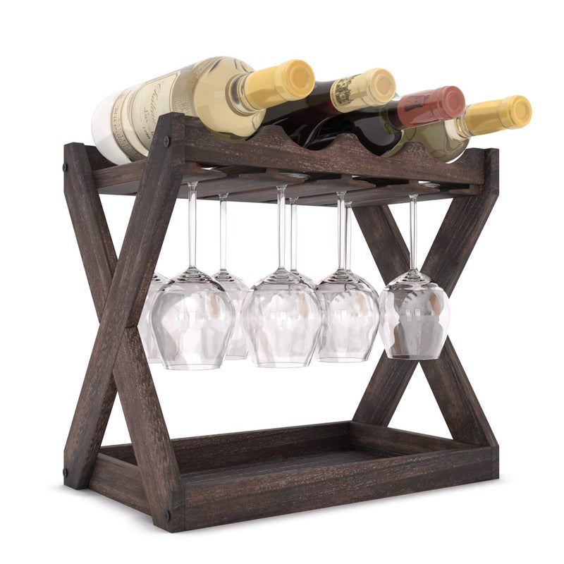 Rustic State Cava Countertop Solid Wood Wine Rack for 4 Bottles and 6 Stemware Glass Holder Cork Storage Tabletop Tray Freestanding Organizer - Home, Kitchen, Dining Room Bar DÃ©cor - Walnut - Image 4