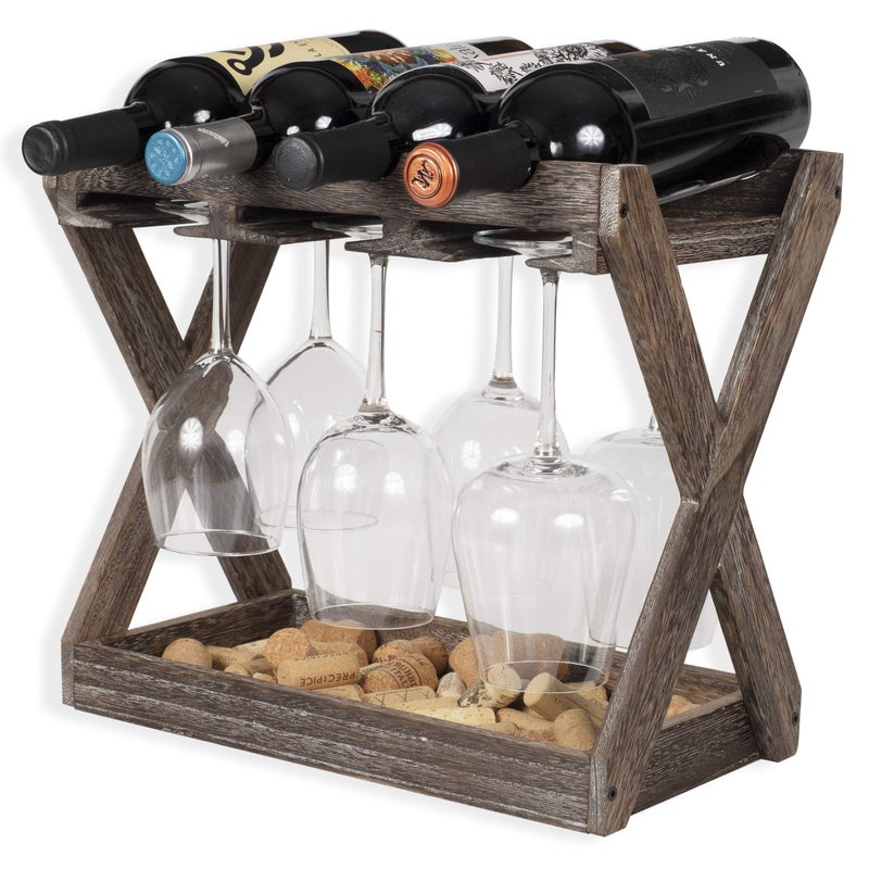 Rustic State Cava Countertop Solid Wood Wine Rack for 4 Bottles and 6 Stemware Glass Holder Cork Storage Tabletop Tray Freestanding Organizer - Home, Kitchen, Dining Room Bar DÃ©cor - Walnut - Image 1