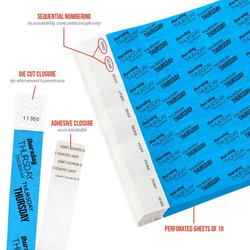 Wristco 500 WristCo Thursday Neon Blue Tyvek Wristbands for Events - Â¾â€ x 10â€ - Waterproof Recyclable Comfortable Tear Resistant Paper Bracelets Wrist Bands for Concerts Festivals Admission Party - Image 2