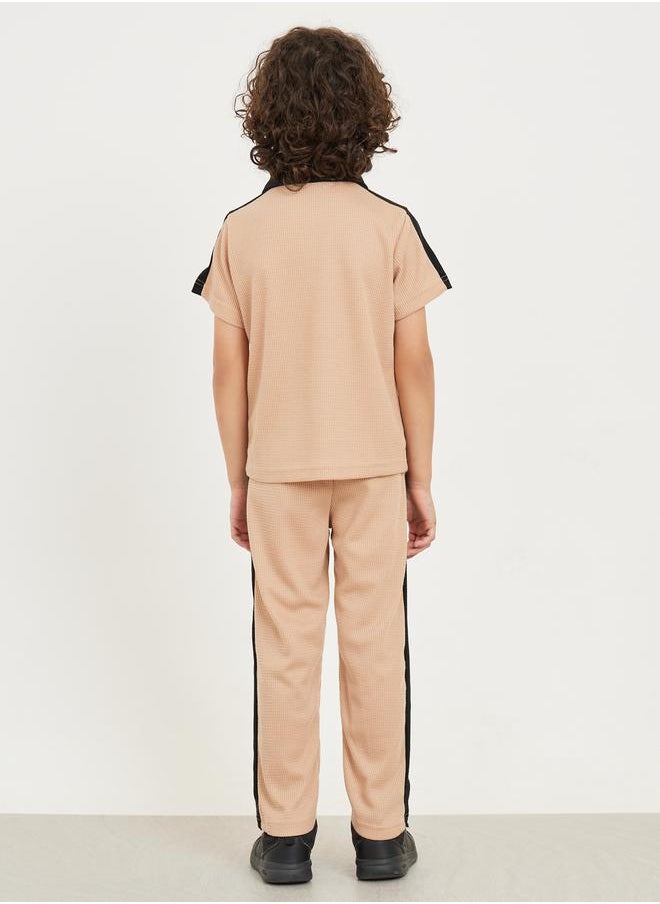 Styli - Letter Embroidered Contrast Collar Waffle Knit Polo T-Shirt and Pants Set - Image 1