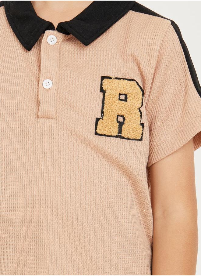 Styli - Letter Embroidered Contrast Collar Waffle Knit Polo T-Shirt and Pants Set - Image 1