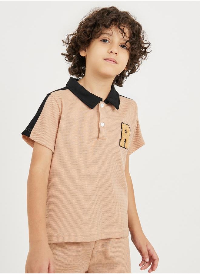Styli - Letter Embroidered Contrast Collar Waffle Knit Polo T-Shirt and Pants Set - Image 1