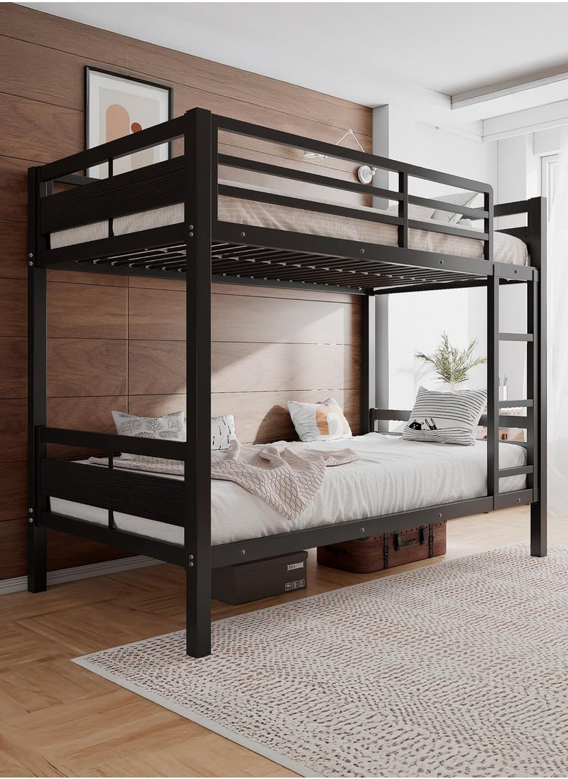Yanara Metal Twin Over Twin Bunk Bed, Fits 90x190cm Mattress, 196.8x104x160cm, Heavy Duty with Ladder & Guardrail, Storage, Noise-Free, No Box Spring, Black Loft Frame for Kids Room/Dorm  - Image 1
