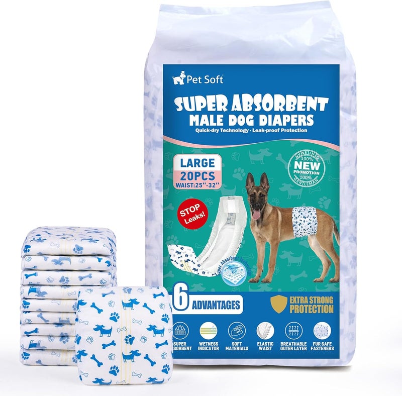 Pet Soft Male Dog Diapers - Disposable Male Dog Wraps Wetness Indicator, Puppy Diapers Male for Excitable Urination or Incontinence, 20pcs Large - Image 1