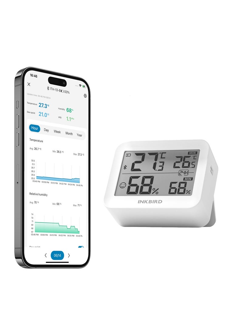 INKBIRD Bluetooth Thermometer & Hygrometer ITH-13-B (1 Pack) Mini Smart Hygro-thermometer Accurate Indoor Temperature & Humidity Monitor with APP Control Big LCD Display
