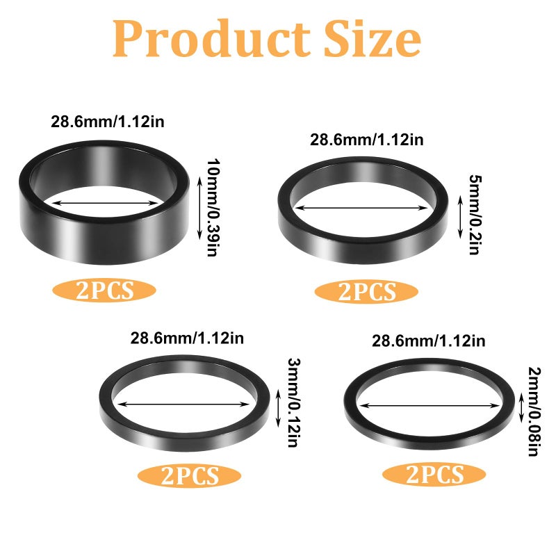 Bruislard 8 PCS Bicycle Headset Spacer, 4 Sizes Aluminium Alloy Bike Handlebar Stem Spacers Threadless Fork Washer Fit for 1 1/8-Inch Stem 2mm 3mm 5mm 10mm - Image 2