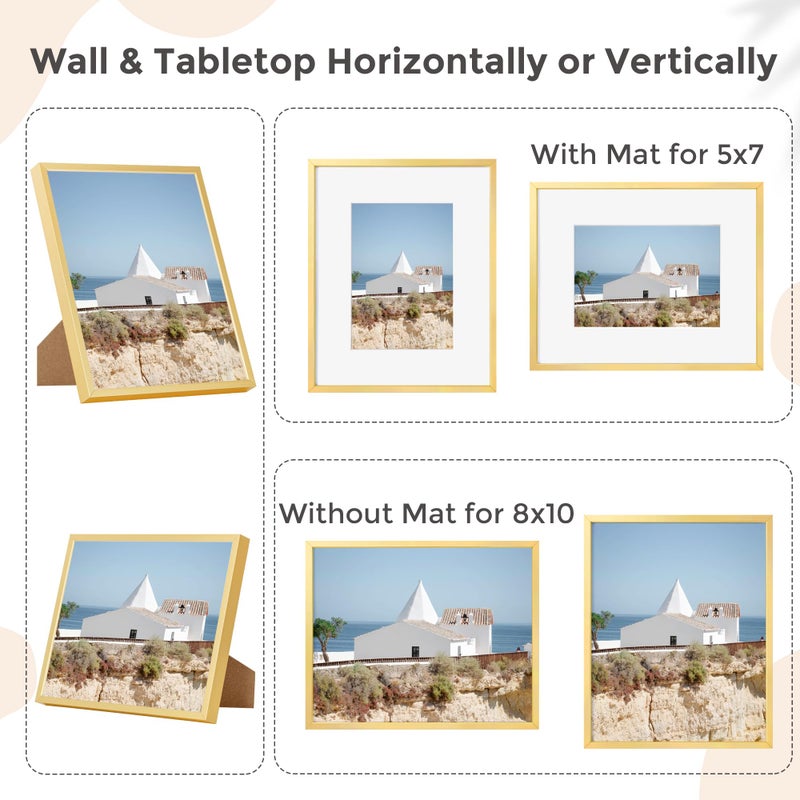 FLYJOE 8x10 Picture Frame - 8 by 10 Metal Picture Frame With Mat | 8 x 10 Aluminum Photo Frame | Plexiglass And Hanging Hardware Included | 8x10 Gold Frame | Set of 3, Gold - Image 4