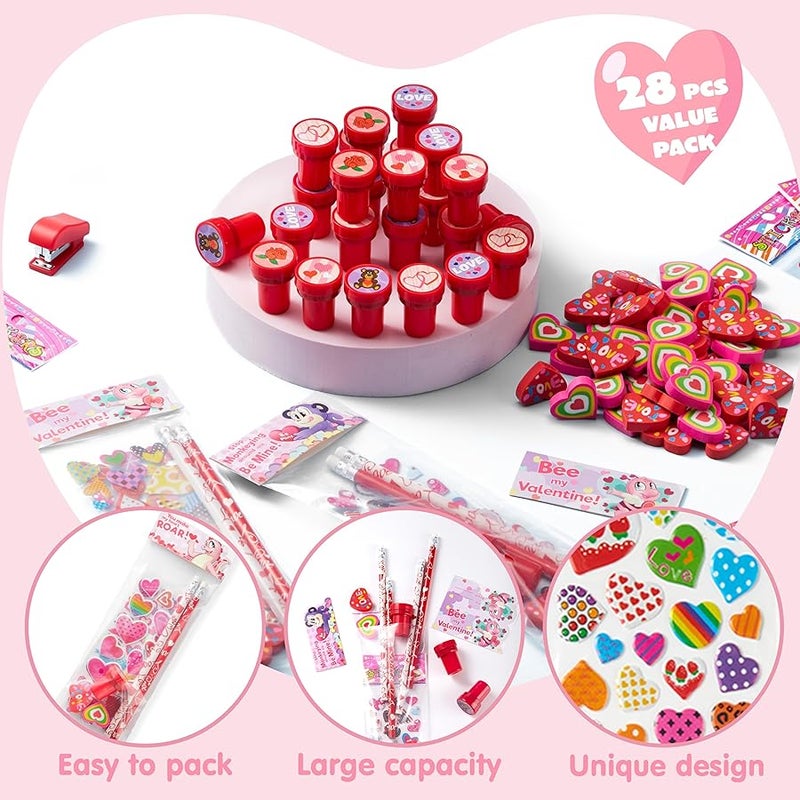JOYIN 28 Pack Valentines Day Stationery Kids Gift Set for School Classmates Exchange Gift, Valentine Party Favor, Includes Pencils, Erasers, Stamper, Stickers - Image 3
