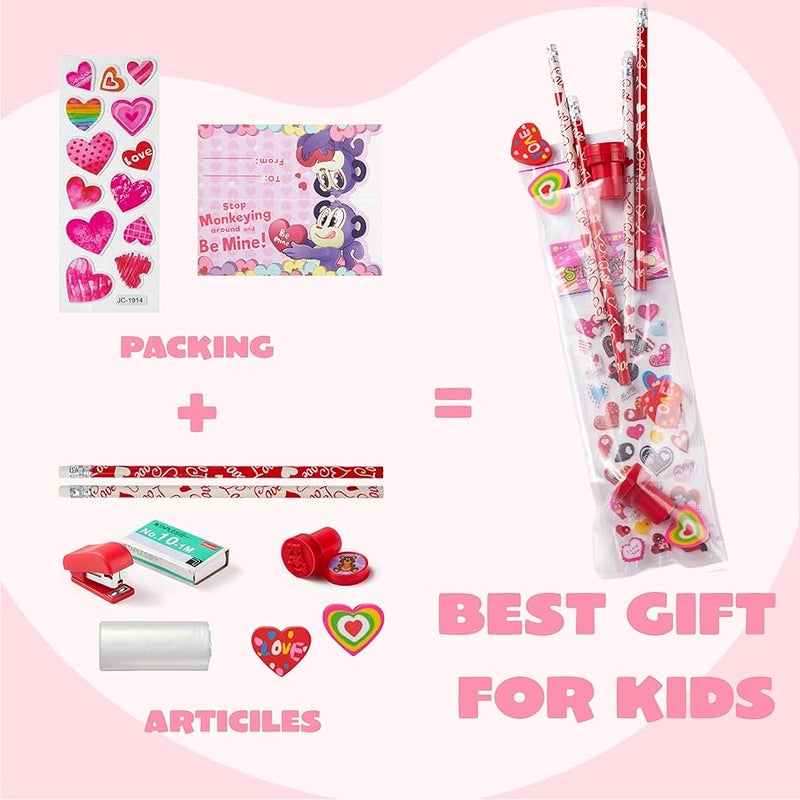 JOYIN 28 Pack Valentines Day Stationery Kids Gift Set for School Classmates Exchange Gift, Valentine Party Favor, Includes Pencils, Erasers, Stamper, Stickers - Image 4