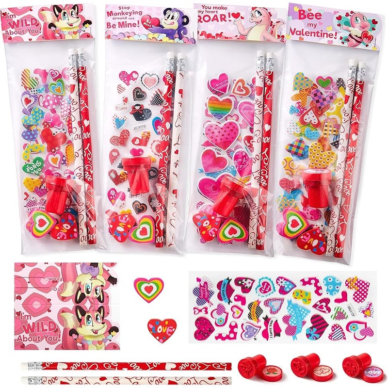 JOYIN 28 Pack Valentines Day Stationery Kids Gift Set for School Classmates Exchange Gift, Valentine Party Favor, Includes Pencils, Erasers, Stamper, Stickers - Image 1