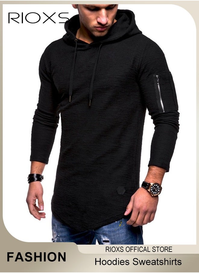 RIOXS - Men's Solid Color Pullover Hoodies,Soft Hooded Sweatshirts With Arm Zipper Pocket,Drawstring Hooded Top For Men,Slim Fit Hoodie Top,Casual Long Sleeve Thin Hoodies,Pair With Jacket Coat - Image 1