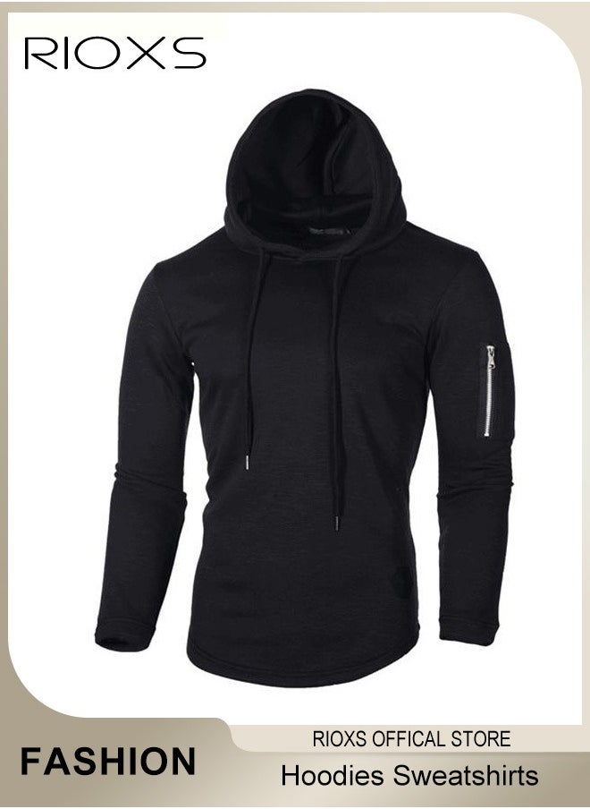 RIOXS - Men's Solid Color Pullover Hoodies,Soft Hooded Sweatshirts With Arm Zipper Pocket,Drawstring Hooded Top For Men,Slim Fit Hoodie Top,Casual Long Sleeve Thin Hoodies,Pair With Jacket Coat - Image 1