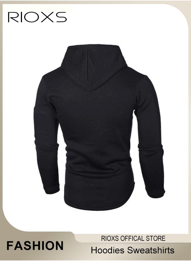 RIOXS - Men's Solid Color Pullover Hoodies,Soft Hooded Sweatshirts With Arm Zipper Pocket,Drawstring Hooded Top For Men,Slim Fit Hoodie Top,Casual Long Sleeve Thin Hoodies,Pair With Jacket Coat - Image 1
