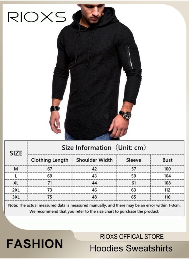 RIOXS - Men's Solid Color Pullover Hoodies,Soft Hooded Sweatshirts With Arm Zipper Pocket,Drawstring Hooded Top For Men,Slim Fit Hoodie Top,Casual Long Sleeve Thin Hoodies,Pair With Jacket Coat - Image 1
