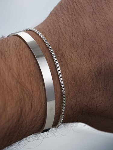 Moodear Stackable Bracelets for Men - 925 Sterling Silver Bracelet Sets Dainty Box Chain Bangle Cuff Bracelet Set Mens Jewelry - Image 2