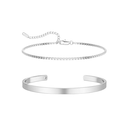 Moodear Stackable Bracelets for Men - 925 Sterling Silver Bracelet Sets Dainty Box Chain Bangle Cuff Bracelet Set Mens Jewelry - Image 1