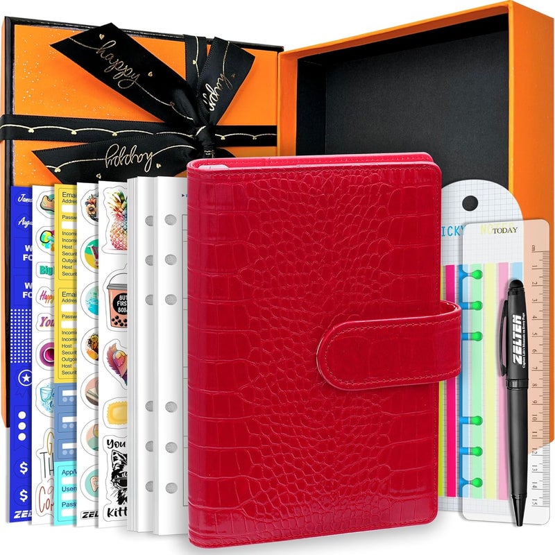 Zelten PU Leather Personal Notebook Planner with 80 Pages Loose-Leaf Papers 6 Holes Ring Binder Pen Holder Magnetic Buckle (Red Crocodile Pattern, A6 Gift Box) - Image 1