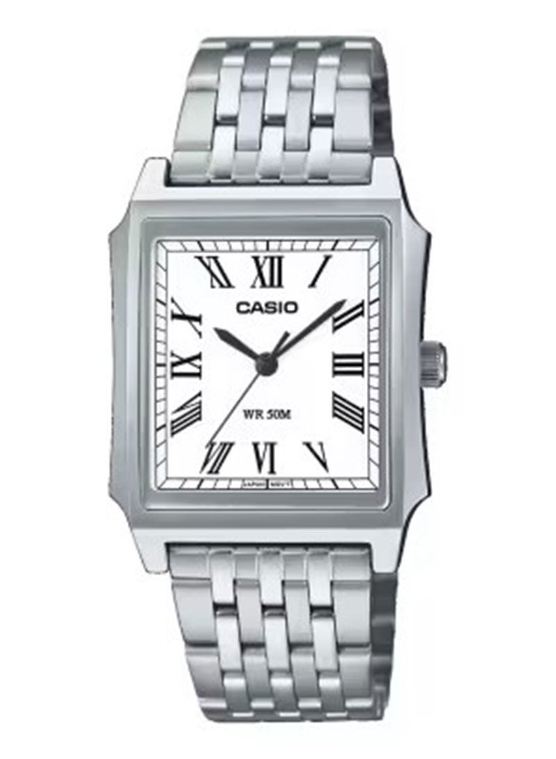 ساعة كاسيو MTP-B190D-7BV للرجال – تناظرية، بسوار من الستانلس ستيل، مينا أبيض مع تفاصيل زرقاء، عرض التاريخ، مقاومة للماء