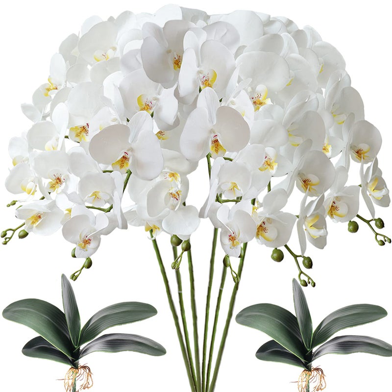 FagusHome 6 Pcs Artificial Phalaenopsis Flowers with 2 Bundles Leaves Artificial Orchid Flowers Stem Plants for Home Dcor