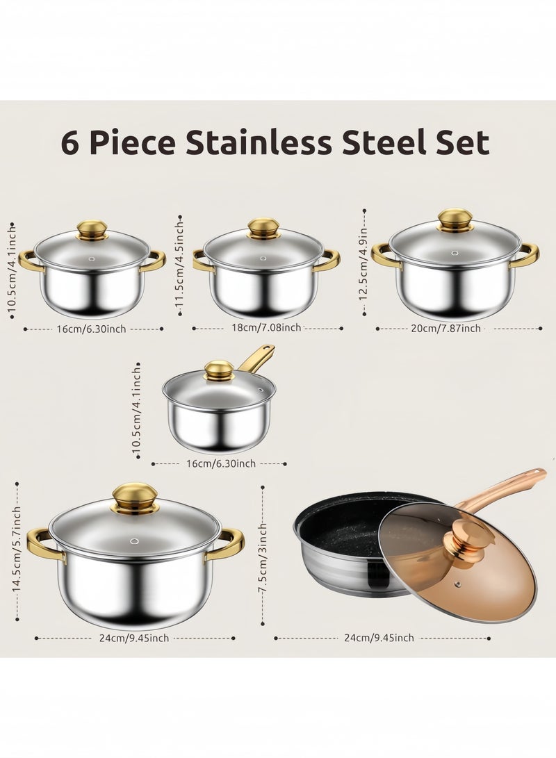GGEROU طقم أواني الطهي غير لاصقة، 12 قطعة من الفولاذ المقاوم للصدأ، مجموعة أدوات المطبخ، مقالي غير لاصقة، قدر للطهي ووعاء للمرق - Image 4