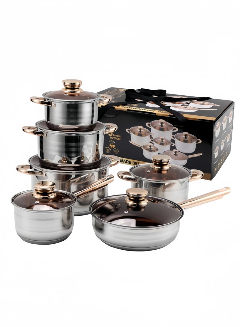 GGEROU طقم أواني الطهي غير لاصقة، 12 قطعة من الفولاذ المقاوم للصدأ، مجموعة أدوات المطبخ، مقالي غير لاصقة، قدر للطهي ووعاء للمرق - Image 1