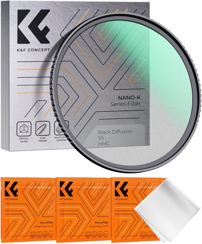 كيه آند إف كونسبت مرشح K&F CONCEPT 46mm أسود انتشار 1/4 و3 قطع قماش تنظيف معبأة بالفراغ بتأثير ضبابي سينمائي لعدسة الكاميرا الرقمية (سلسلة K) - Image 1