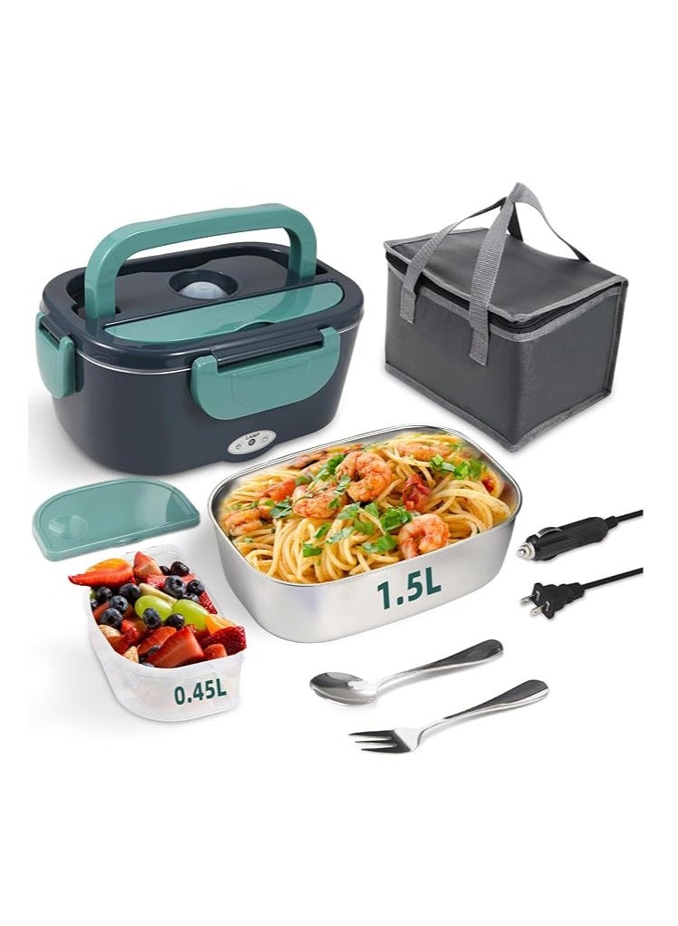 عربست صندوق غداء كهربائي 80 واط لتسخين الطعام للكبار، صندوق غداء محمول 12/24/110 فولت، صندوق غداء ساخن مطور للسيارة/شاحنة/مكتب مع شوكة وملعقة من الصلب الصلب وحقيبة حمل معزولة (أخضر) - Image 1