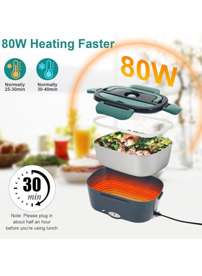 عربست صندوق غداء كهربائي 80 واط لتسخين الطعام للكبار، صندوق غداء محمول 12/24/110 فولت، صندوق غداء ساخن مطور للسيارة/شاحنة/مكتب مع شوكة وملعقة من الصلب الصلب وحقيبة حمل معزولة (أخضر) - Image 2